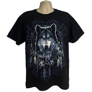 Wolf Native American Dream Catcher Wolves Men Black Graphic T-Shirt Large Cotton
